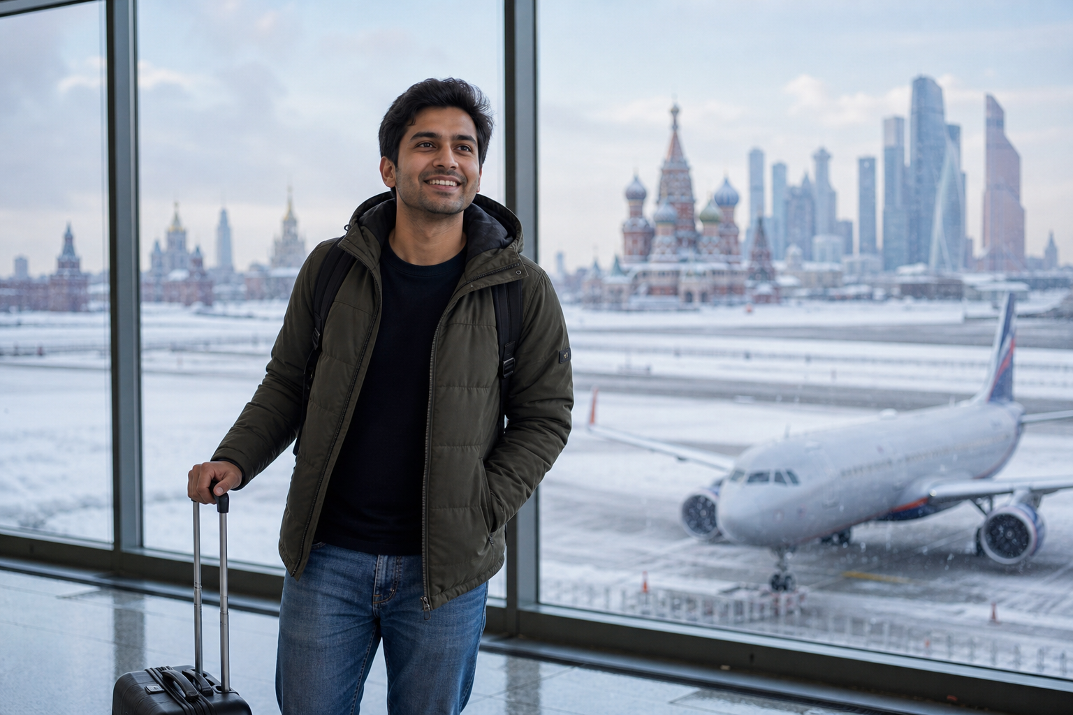 A worker from India arriving in Russia by plane